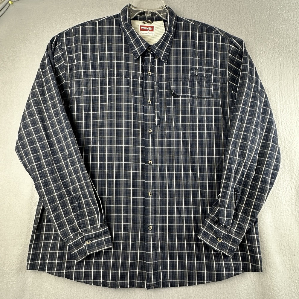 Wrangler‎ Premium Quality Men's 2XL Blue Plaid Button Down Wrinkle Resist Shirt